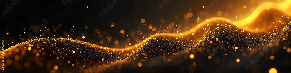 Poster dynamic golden data streams flowing across a black background, symbolizing technology and innovation