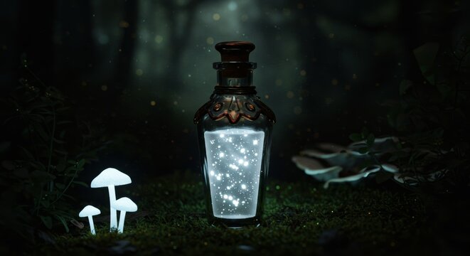 Enchanted stardust elixir within a potion bottle nestled in twilight forest