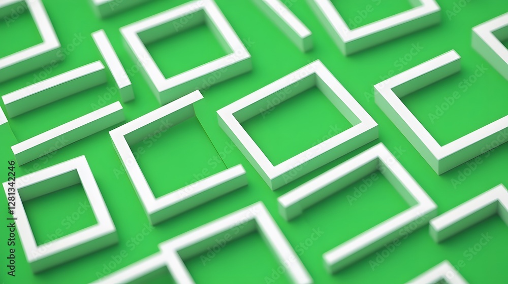 Poster abstract green background with white square frames 3d render