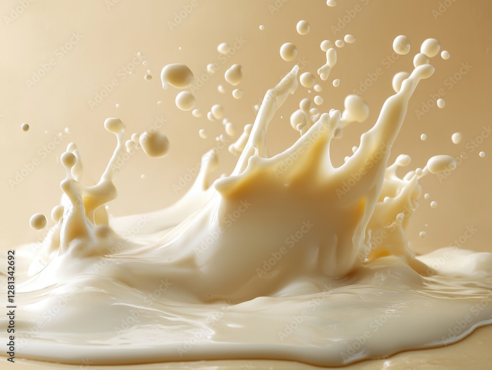 Poster creamy liquid splash with dynamic droplets in beige background capturing motion and purity with soft