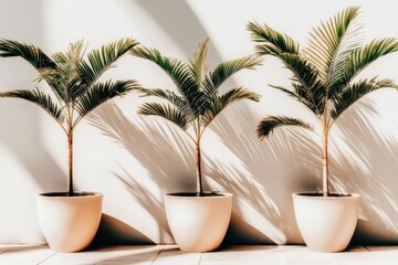 Obraz premium Three vibrant potted palm plants casting shadows in sunlit space