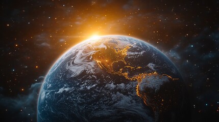 Naklejka premium Sunrise over Earth from space, showing North and Central America illuminated.