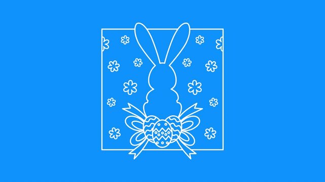 happy easter animation with white line drawing rabbit eggs flowers  ribbons frame on blue background video footage 