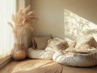 A cozy reading nook with pillows in soft neutral colors