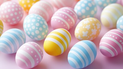Obraz premium Colorful pastel easter eggs with patterns on pink background. Easter, Pascha, Paskha, Ostern, Pascua, Paques - Orthodox and Catholic Holiday celebration