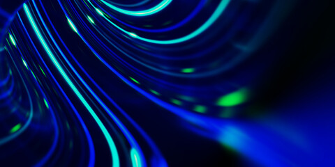 3d render of hyperspace tunnel going up, abstract background. Glowing Blue and Green Curved Lines in Abstract Movement