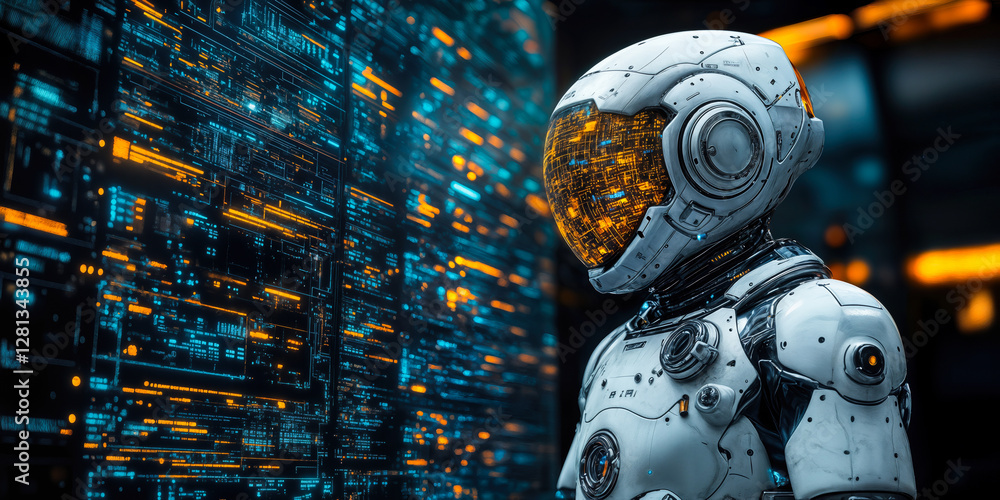 Poster advanced ai robot analyzing data interface in futuristic secure environment for independent data han