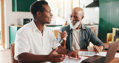 Father, son and discussion in home for finance paperwork, advice or mortgage application with...