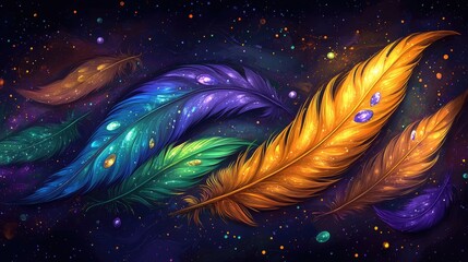 Vibrant cosmic feathers floating amongst sparkling stars in a colorful universe. Mardi Gras, Fat Tuesday, Carnival Season. Bright Parades, Masks, Festive Costumes, Vibrant Atmosphere