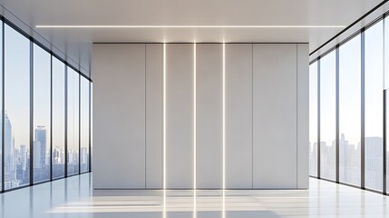 Obraz premium Modern Office Space with City View and Illuminated Wall