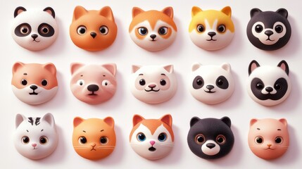 Fototapeta premium Animal-Human Emojis Expressions blended with cat, dog, or panda faces. 