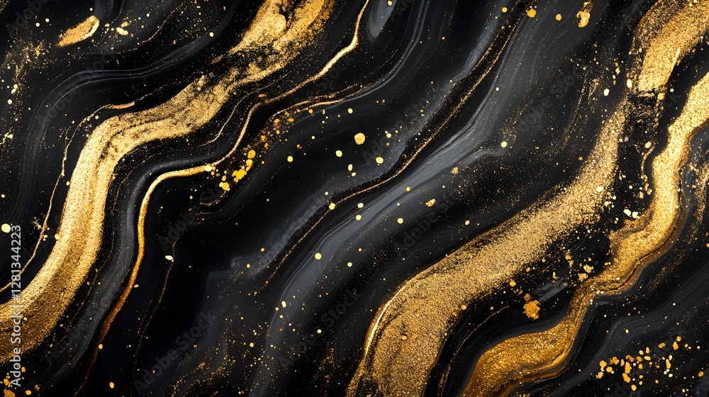 Poster Magnificent abstract swirling black and golden textured background with mesmerizing glittery patterns elegant luxury design and a sense of cosmic celestial allure  This image evokes a mysterious