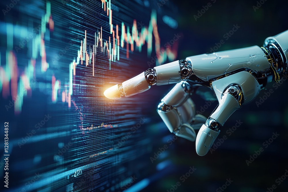 Poster robot hand analyzing stock market data on digital screen