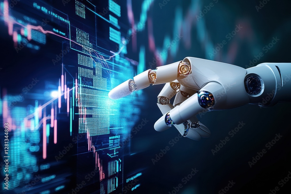 Poster Robot hand pointing financial chart analyzing big data futuristic technology
