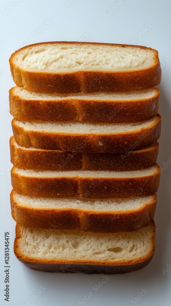 Poster stack of freshly baked bread slices on a white surface close up overhead shot for food and culinary 