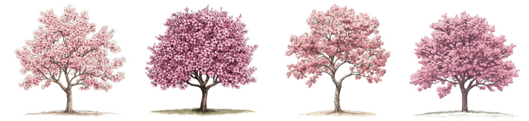 Pink flowering trees illustration showcasing various stages of bloom and beauty