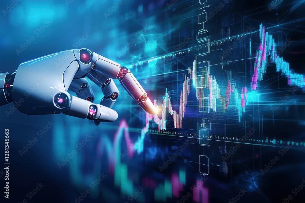 Poster robot hand analyzing stock market data on futuristic screen