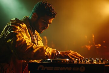 DJ Performance: Concentrated Musician Mixing Music on Stage