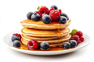Delicious stack of pancakes topped with fresh berries and syrup on a plate, studio shot
