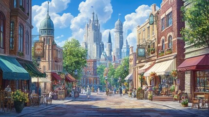 Naklejka premium Charming Downtown Street with Historic Buildings and Lush Trees