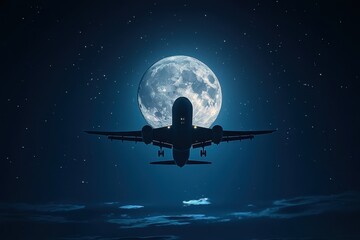 Obraz premium Airplane soaring through the night sky with a bright full moon illuminating its path and twinkling stars creating a magical atmosphere