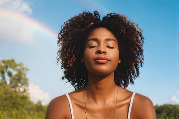 A woman with curly hair is sitting in the sun, looking up at a rainbow
