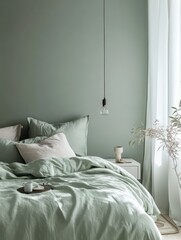 A sage green bedroom with a hanging light and white curtains