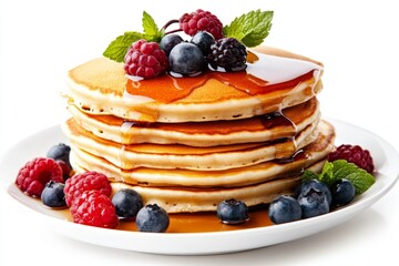 Stacked pancakes with berries and syrup on a plate, studio shot