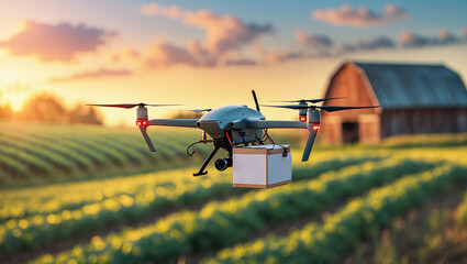 Drone delivering package over a green agricultural field at sunset near a rustic barn