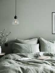 A minimalist bedroom scene featuring a hanging light and bedding
