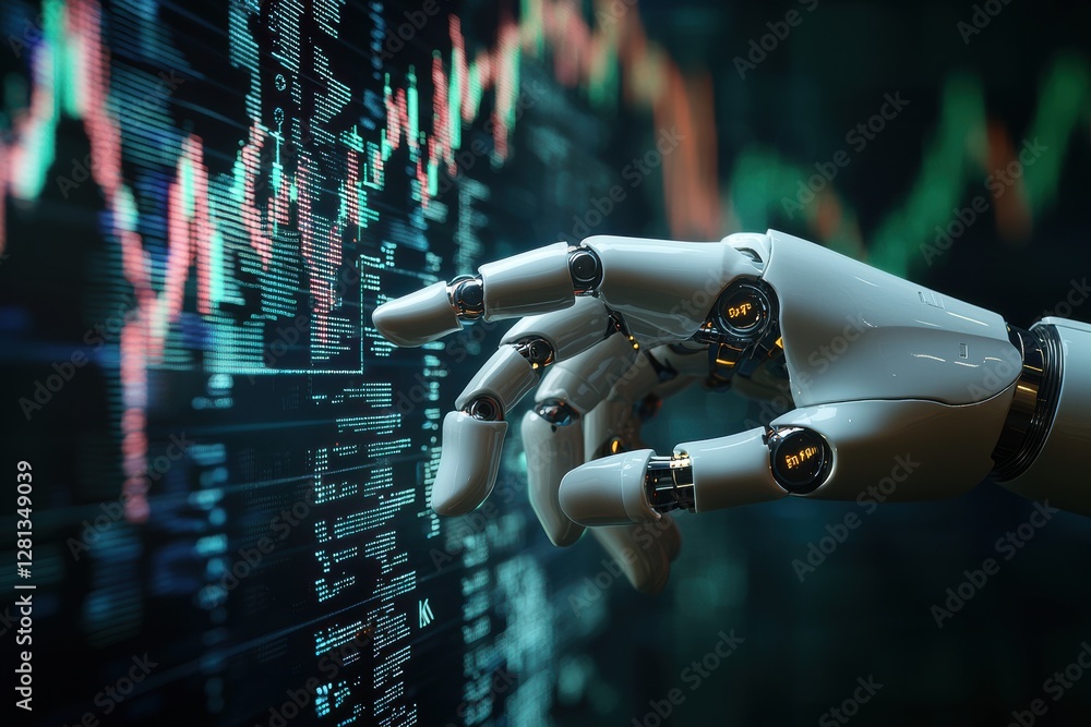 Aufkleber robotic hand analyzing stock market data on digital screen