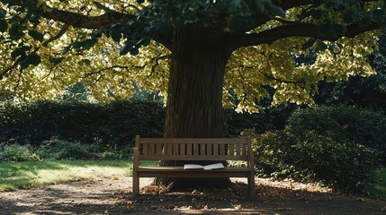 Naklejka premium Serene Park Bench Underneath a Large Tree with an Open Book