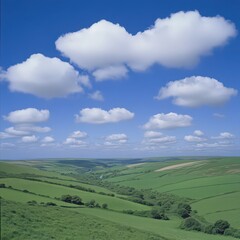 Fototapeta premium Vibrant Blue Sky Over Lush Green Rolling Hills and Valley