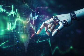 Robot hand analyzing stock market data on digital display