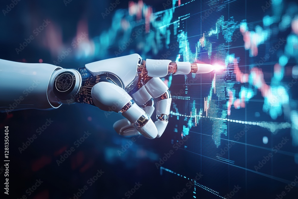 Poster robotic arm pointing at stock market data on futuristic screen