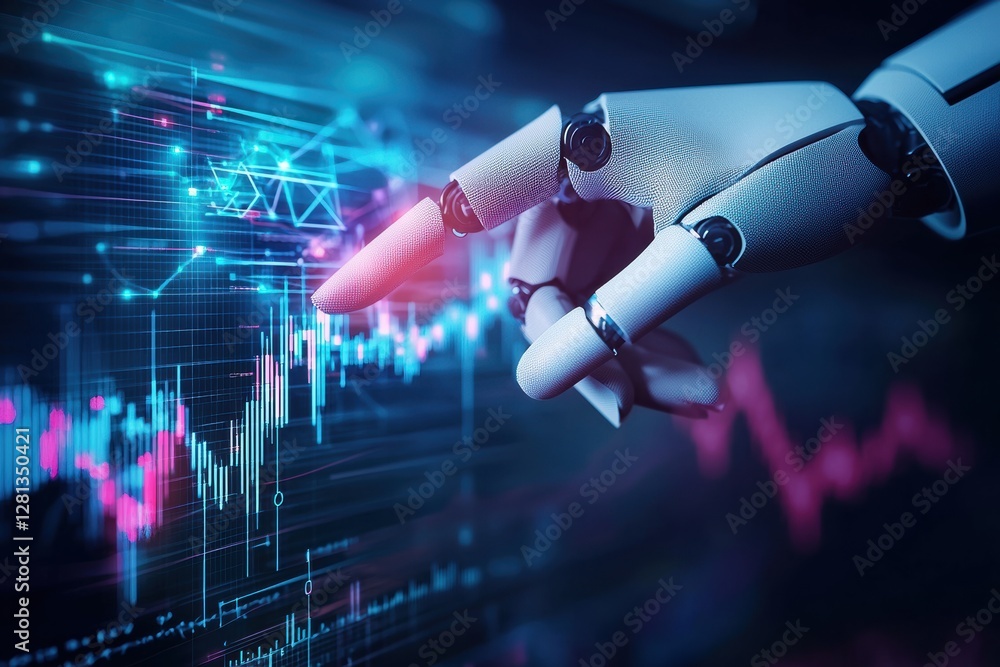 Poster robotic hand analyzing financial charts on digital display