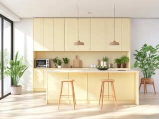 A kitchen with bright cabinets and many house plants