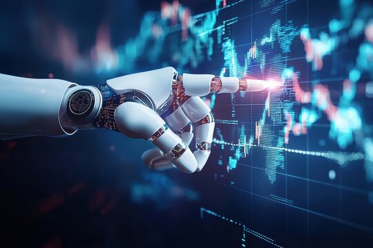 Robotic arm pointing at stock market data on futuristic screen