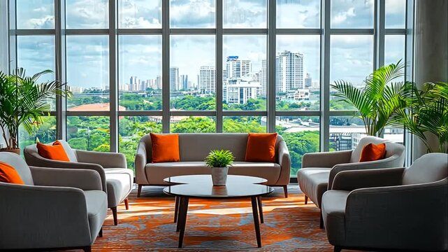 Modern living room with city view, orange pillows, and grey sofas.