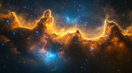 Obraz premium Vibrant nebula with orange and blue hues, showcasing cosmic dust and star formations.