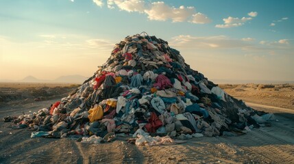 A dramatic mountain of old, dirty discarded clothes in the middle of a desert