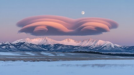 Lenticular Clouds over Snowy Mountain Range at Dawn
