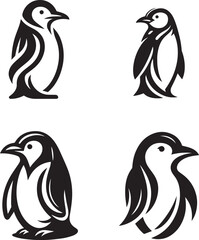 A set of penguin logos, black and white shapes, animal logos, and icons, penguin silhouette design