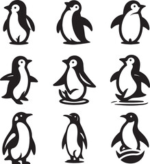 Obraz premium A set of penguin logos, black and white shapes, animal logos, and icons, penguin silhouette design