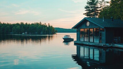Obraz premium Tranquil Lakefront Cabin with Reflection and Scenic Waterscape