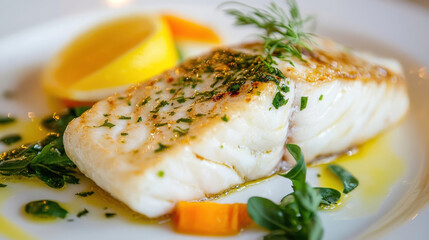 beautifully plated fish dish garnished with herbs and lemon slices, showcasing vibrant colors and textures