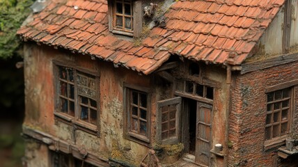 Obraz premium Weathered Building Model Close Up Red Roof, Aged Stone, and Mossy Textures
