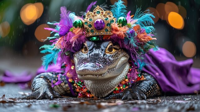 Alligator wearing colorful crown and beads in festive mardi gras celebration. Mardi Gras, Fat Tuesday, Carnival Season. Bright Parades, Masks, Festive Costumes, Vibrant Atmosphere
