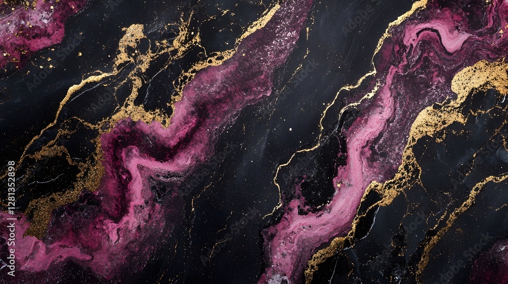Leinwandbilder Mesmerizing abstract background with fluid swirling marble like ink splatters and textures in a dramatic color palette of deep purples pinks and accents of gleaming gold  Evokes a sense of cosmic