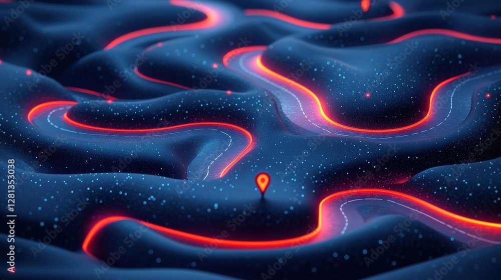 Poster abstract representation of a glowing landscape with winding paths illuminated by neon lights